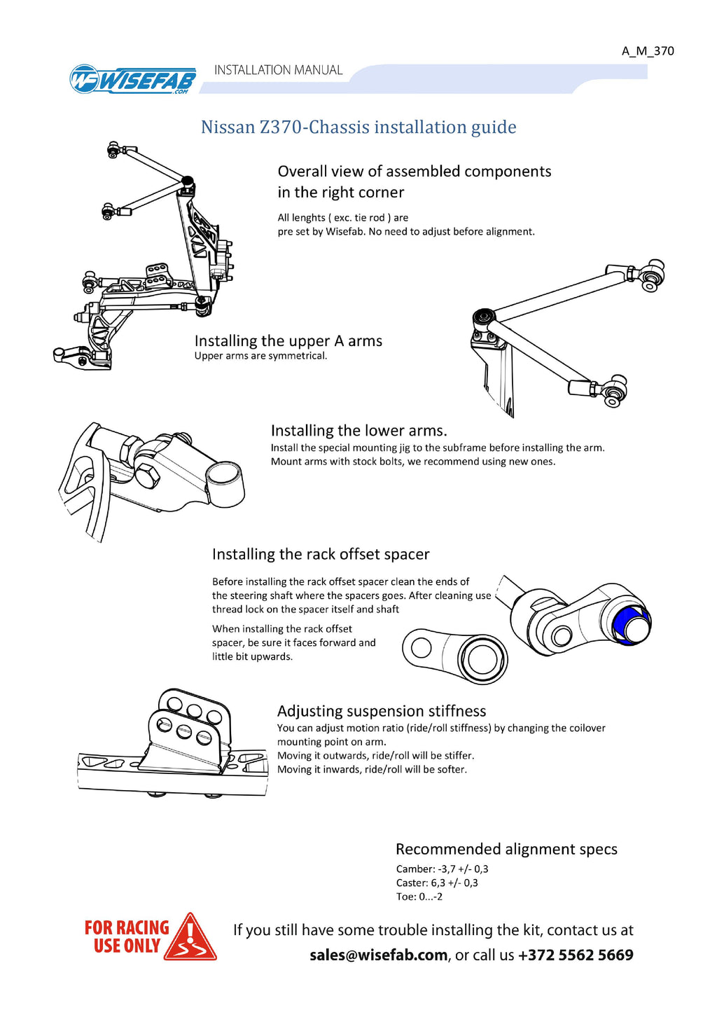 WISEFAB Nissan 370Z Front Drift Suspension Kit With Offset Rack-Spacers